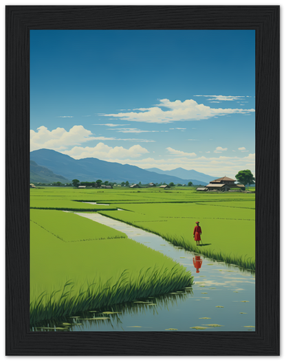 A framed illustration of a person walking near rice fields with mountains in the distance.