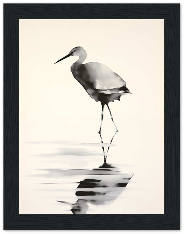 Ink painting of a stilt bird reflected on water, framed on a wall.