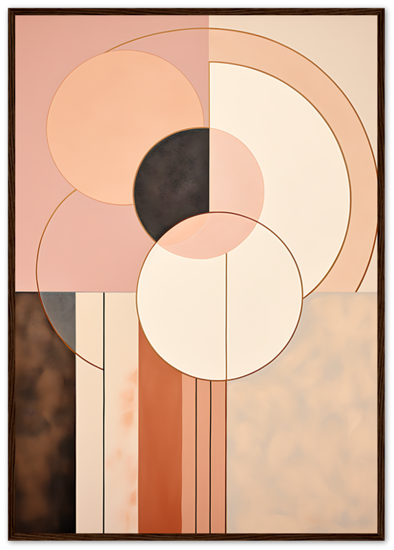 Abstract geometric painting with circles and lines in warm tones.