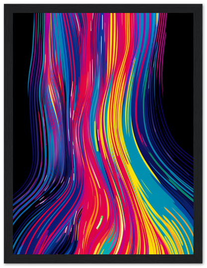Abstract colorful swirls painting in a dark wooden frame.