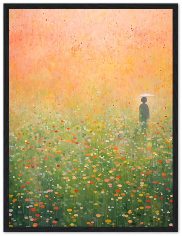 A painting of a person standing in a vibrant field of flowers at dawn or dusk.