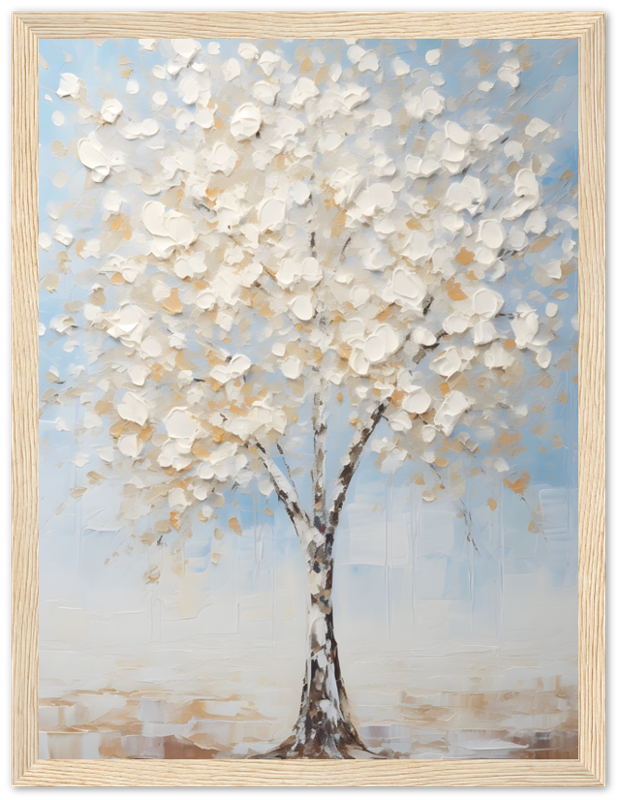 A textured painting of a white and beige tree with blossoms in a white frame.