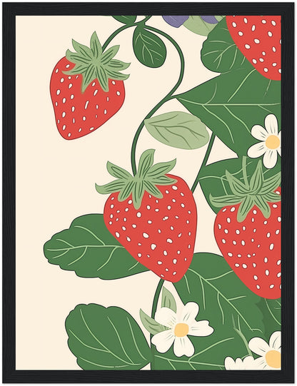 Illustration of red strawberries with green leaves and white flowers in a brown frame.