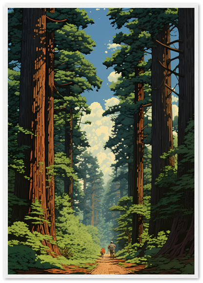 Illustration of two people walking on a path through a towering redwood forest.