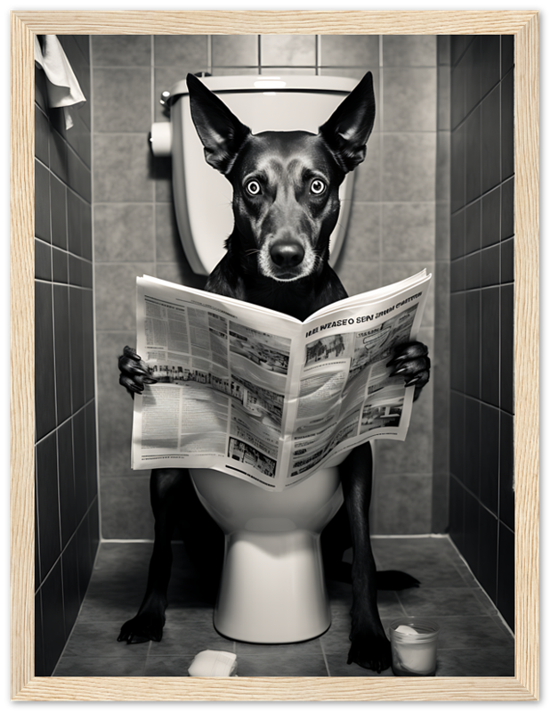 A dog with human hands sitting on a toilet and reading a newspaper.