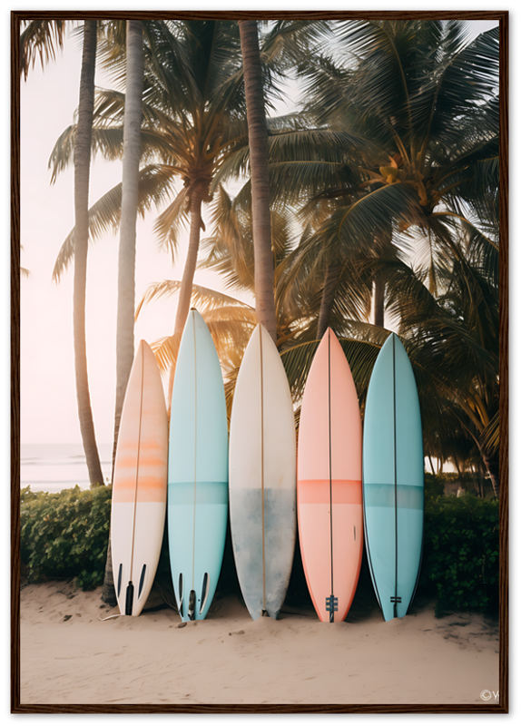 Five surfboards leaning against a tropical palm backdrop at sunset.