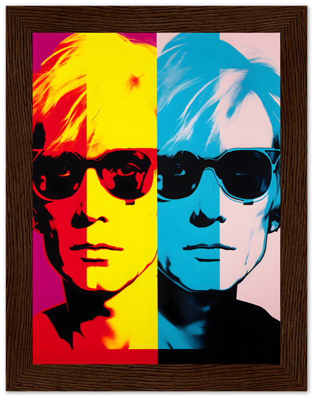 Pop art style portrait of a man with sunglasses in a wooden frame, using a split color scheme.