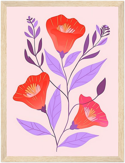 Illustration of red flowers with purple leaves in a brown frame.