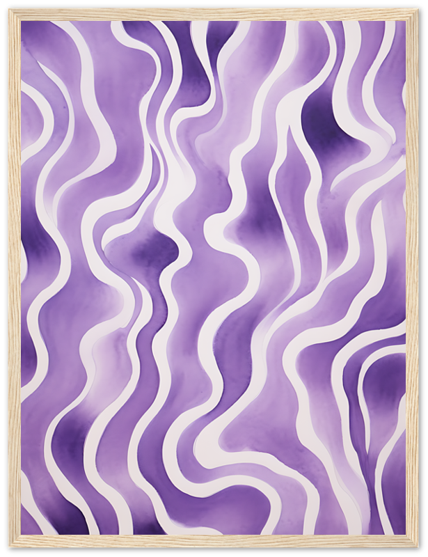 Abstract purple wavy lines pattern framed with a wooden border.