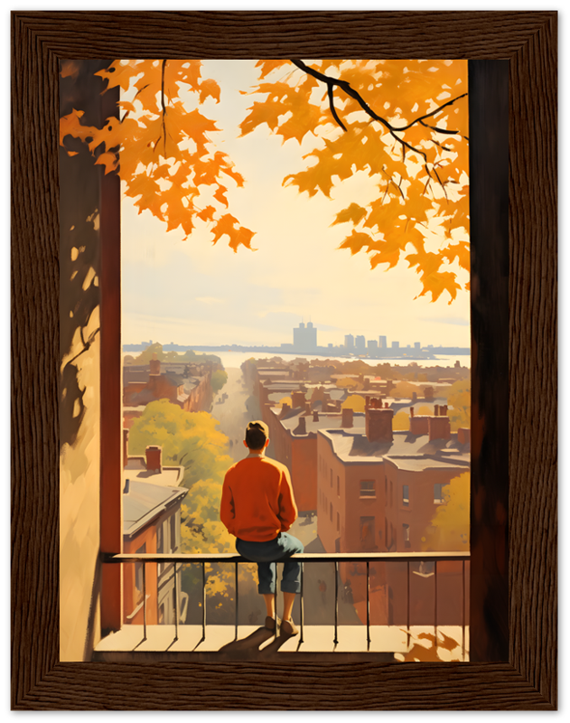 A person standing on a balcony overlooking a cityscape during autumn.