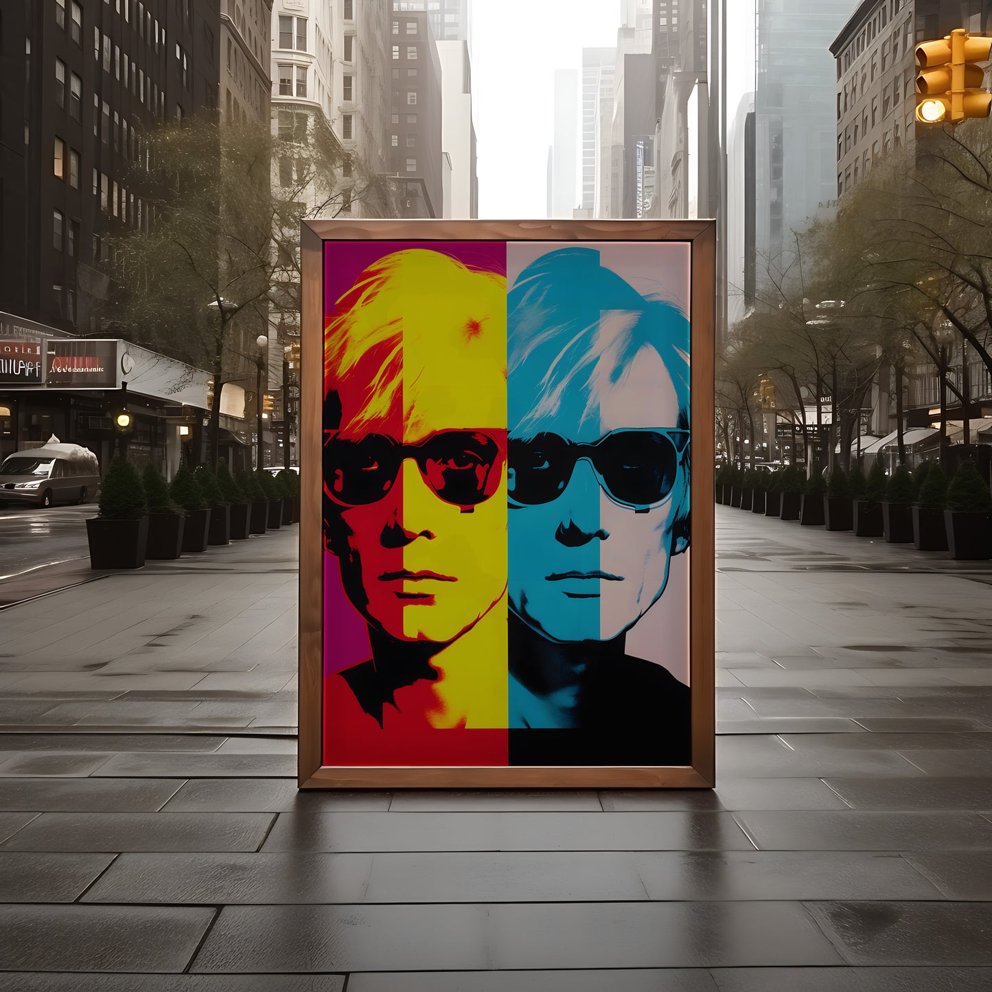 Colorful pop art portrait of a man in sunglasses displayed on a city street.