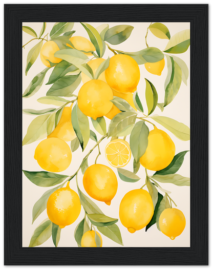 A framed painting of vibrant yellow lemons on leafy branches.