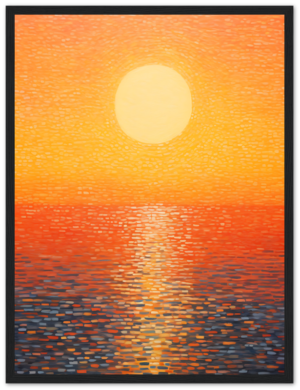 Impressionist style painting of a sunset over water with a wooden frame.