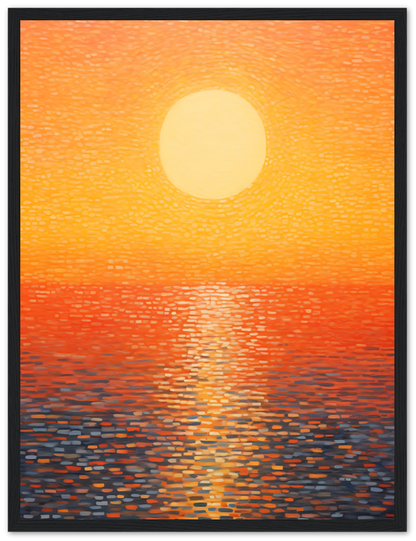 Impressionist style painting of a sunset over water with a wooden frame.