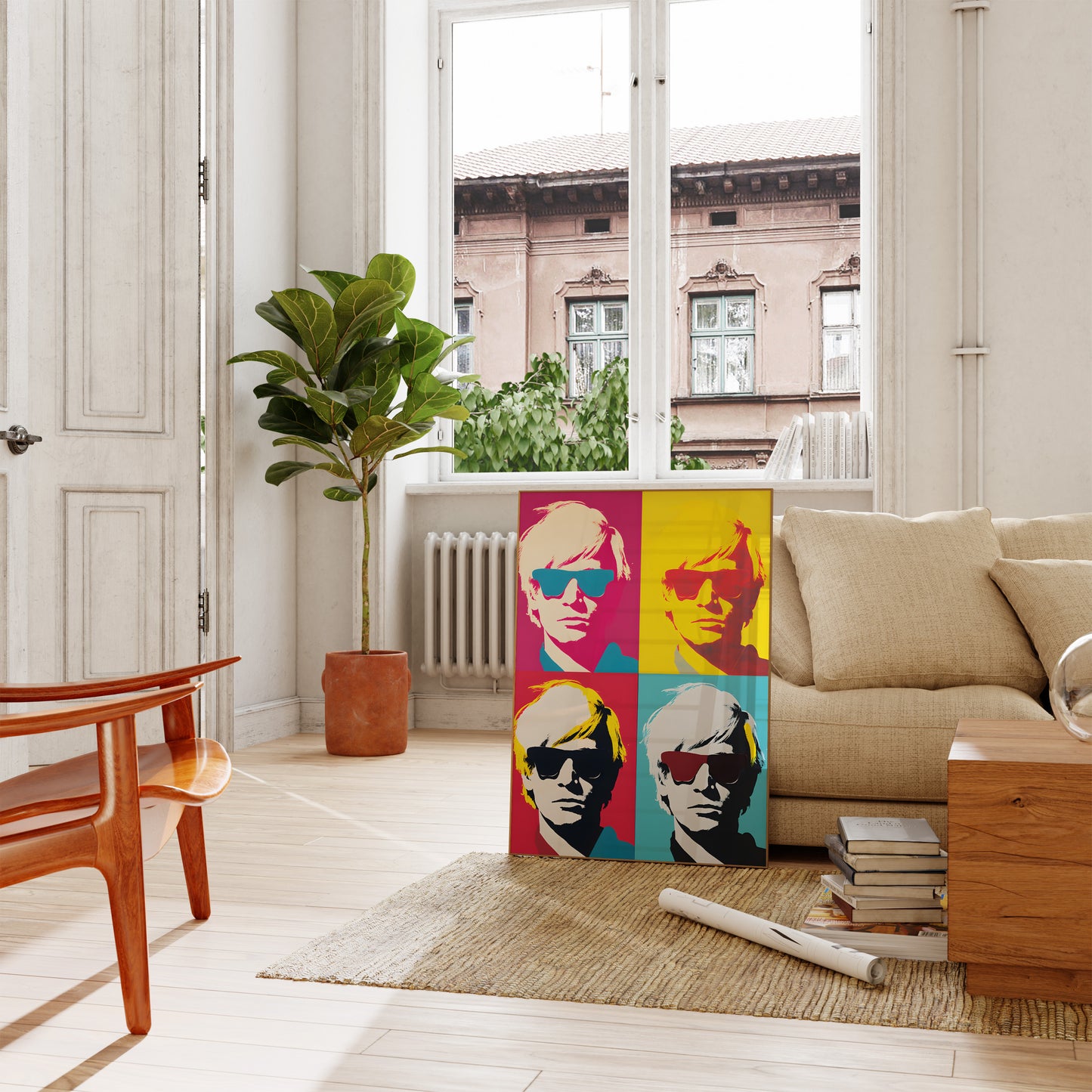 Bright pop art portraits on canvas in a stylish living room with natural light.