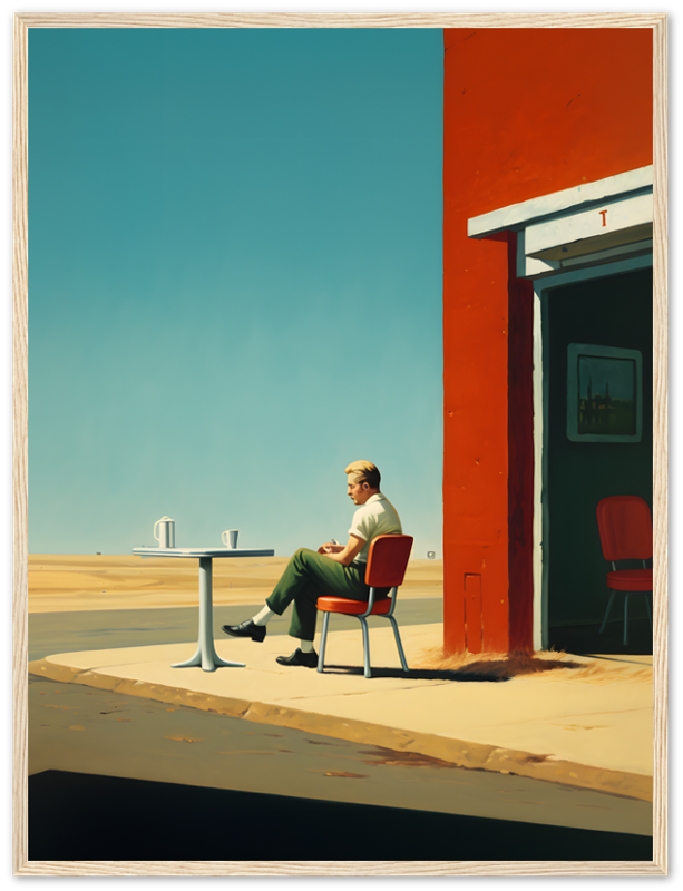 A man sitting alone at a table outside a building with a vibrant red pillar and clear blue sky.