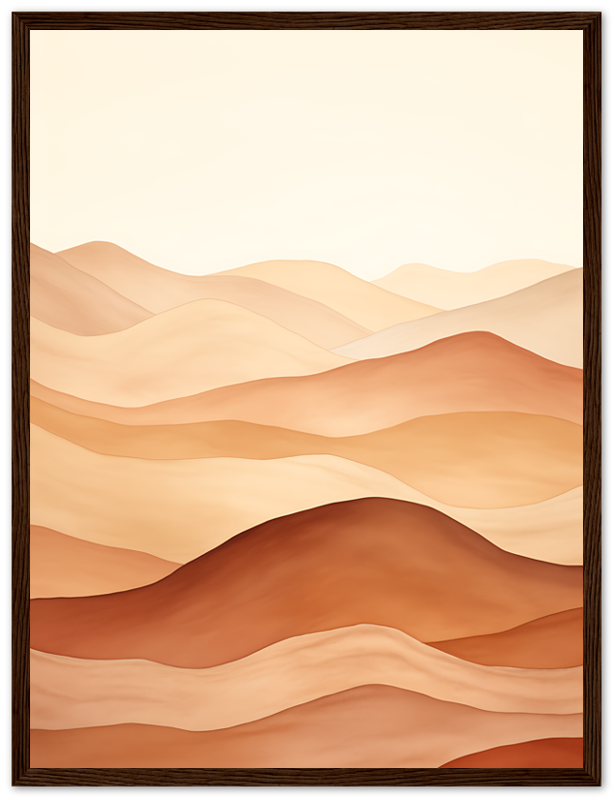 Illustration of serene desert dunes with warm tones, framed in white.