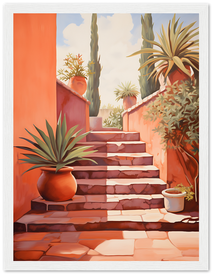 A painting of a sunny stairway with potted plants and cacti.