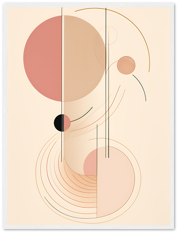Abstract artwork with geometric shapes and lines in a pastel color scheme.