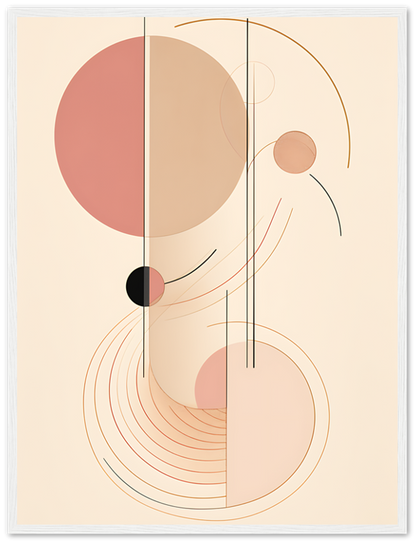 Abstract artwork with geometric shapes and lines in a pastel color scheme.