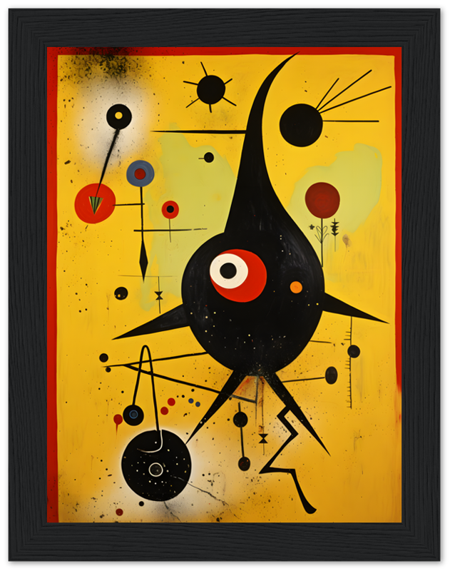 Abstract painting of whimsical shapes and dots resembling a creature on a vibrant background.
