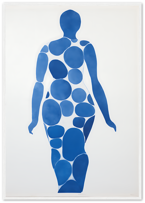 Abstract human silhouette composed of blue circular shapes against a white background.
