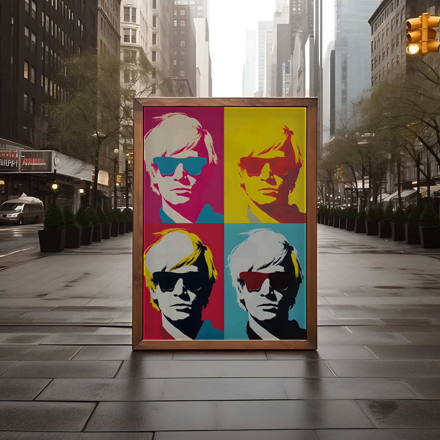 A colorful pop art-style portrait of Andy Warhol displayed on a city street.