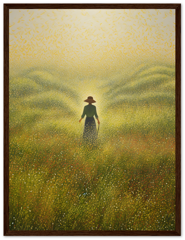 A painting of a person in a hat standing in a field of tall grass with a warm, glowing atmosphere.