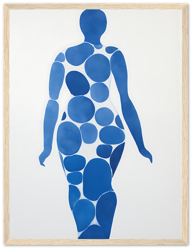 Artistic representation of a human figure composed of blue circles in a wooden frame.