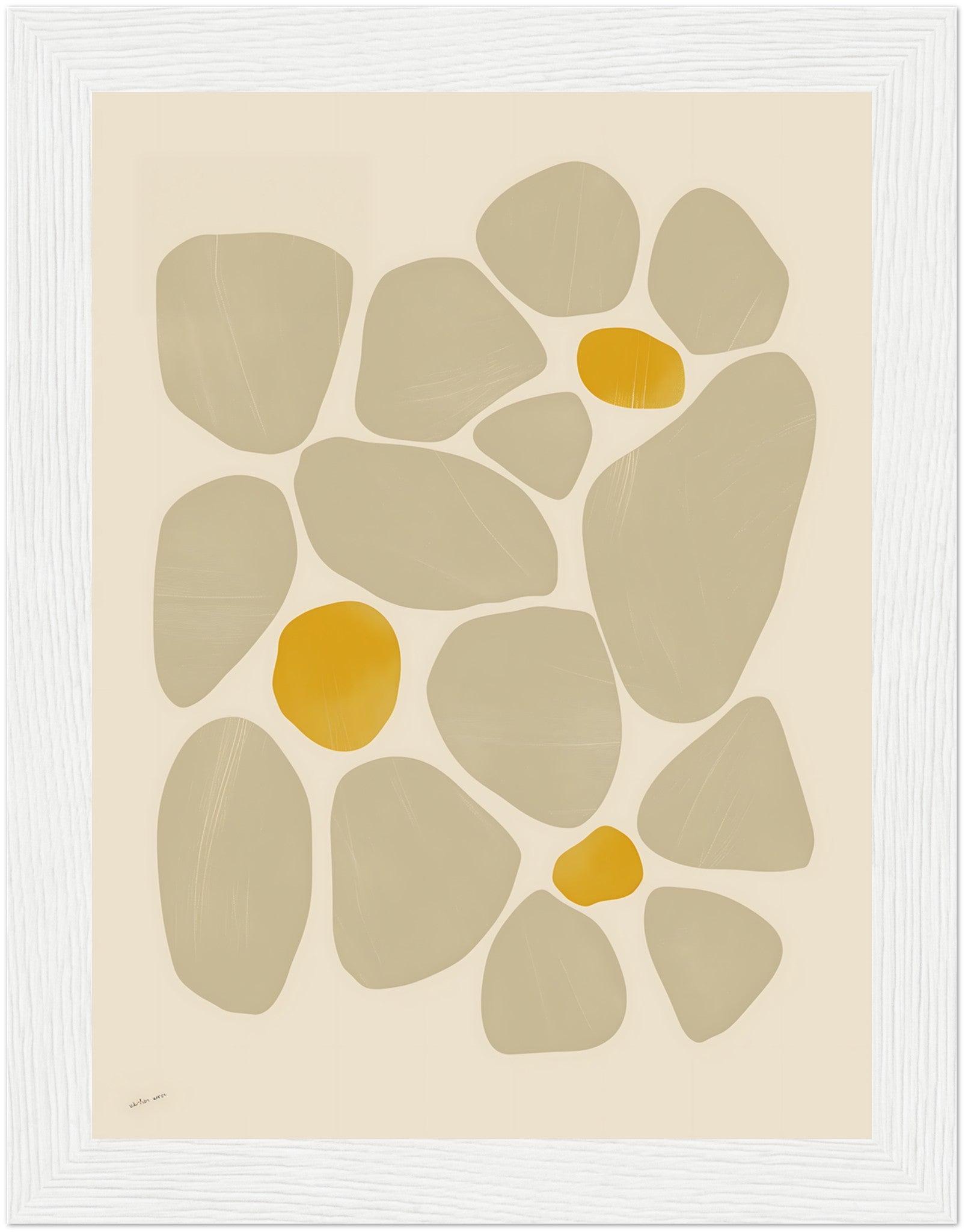 Abstract artwork featuring gray and yellow pebble shapes on a cream background, framed in brown.
