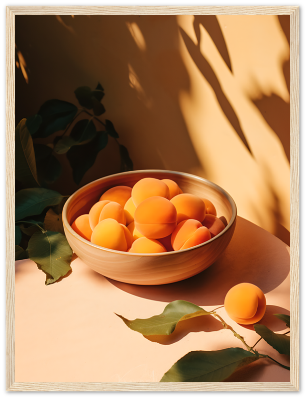A bowl of apricots on a table with leafy shadows.