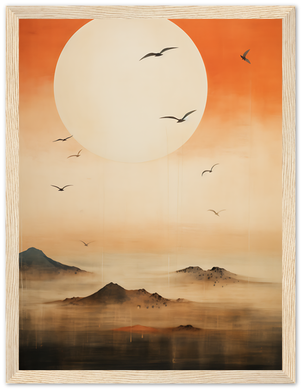 A painting of birds flying over misty mountains with a large sun in the background.