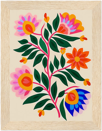 Colorful stylized floral art with pink, orange, and blue flowers on a light background, framed.