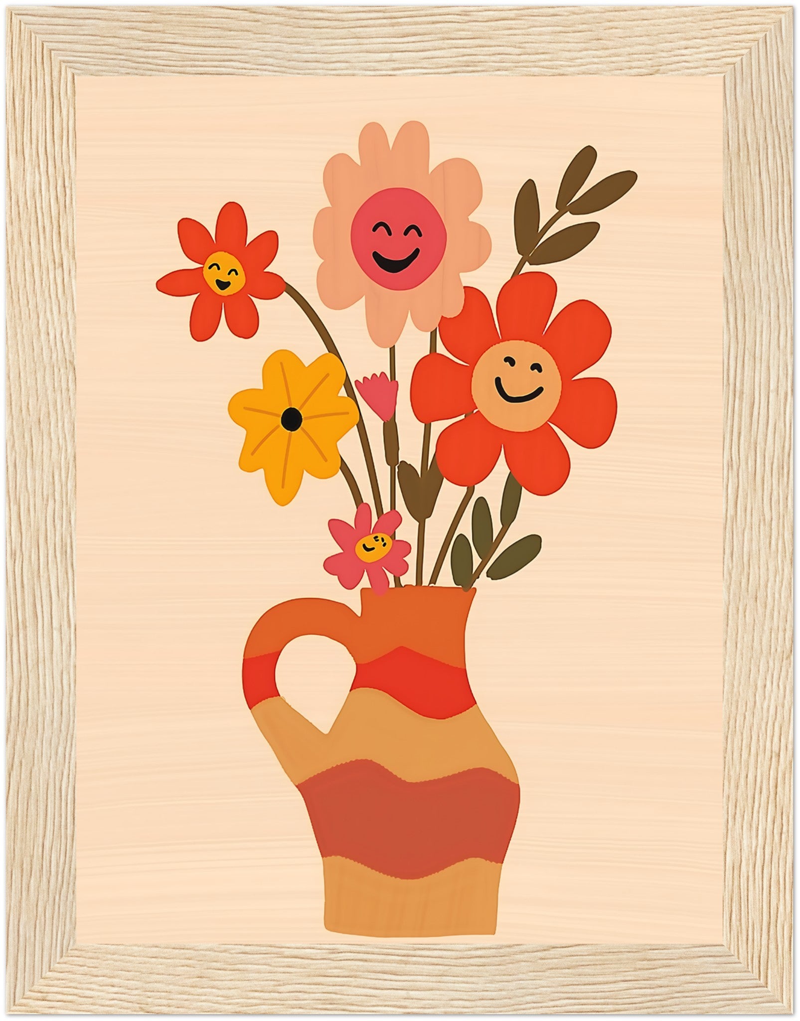 A framed illustration of a vase with smiling cartoon flowers.