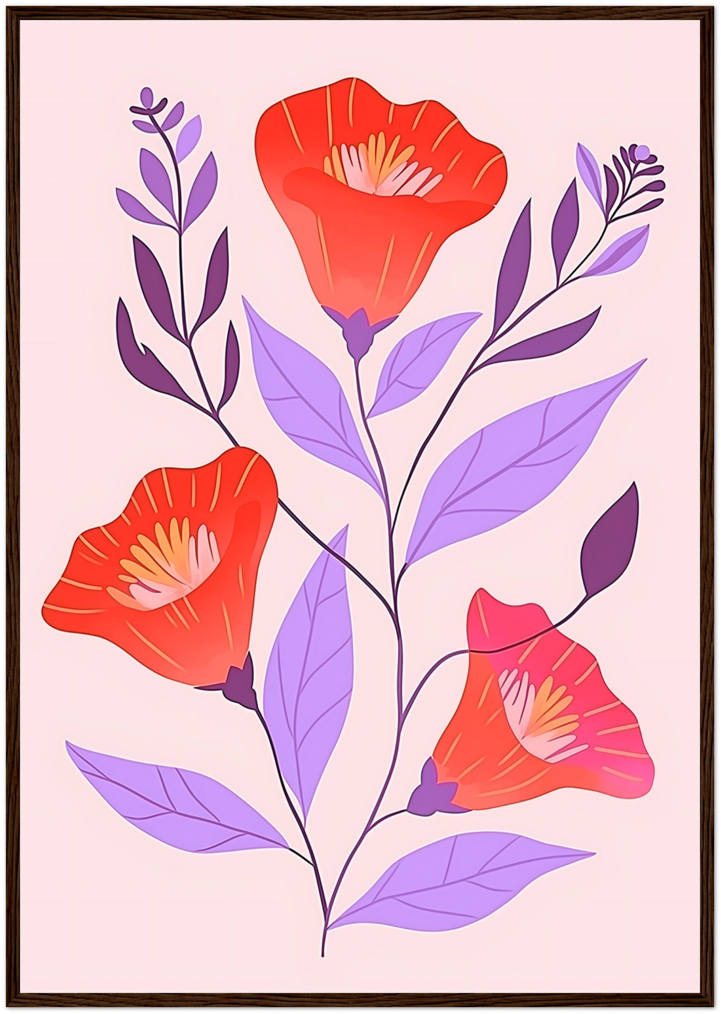 Illustration of red flowers with purple leaves in a brown frame.