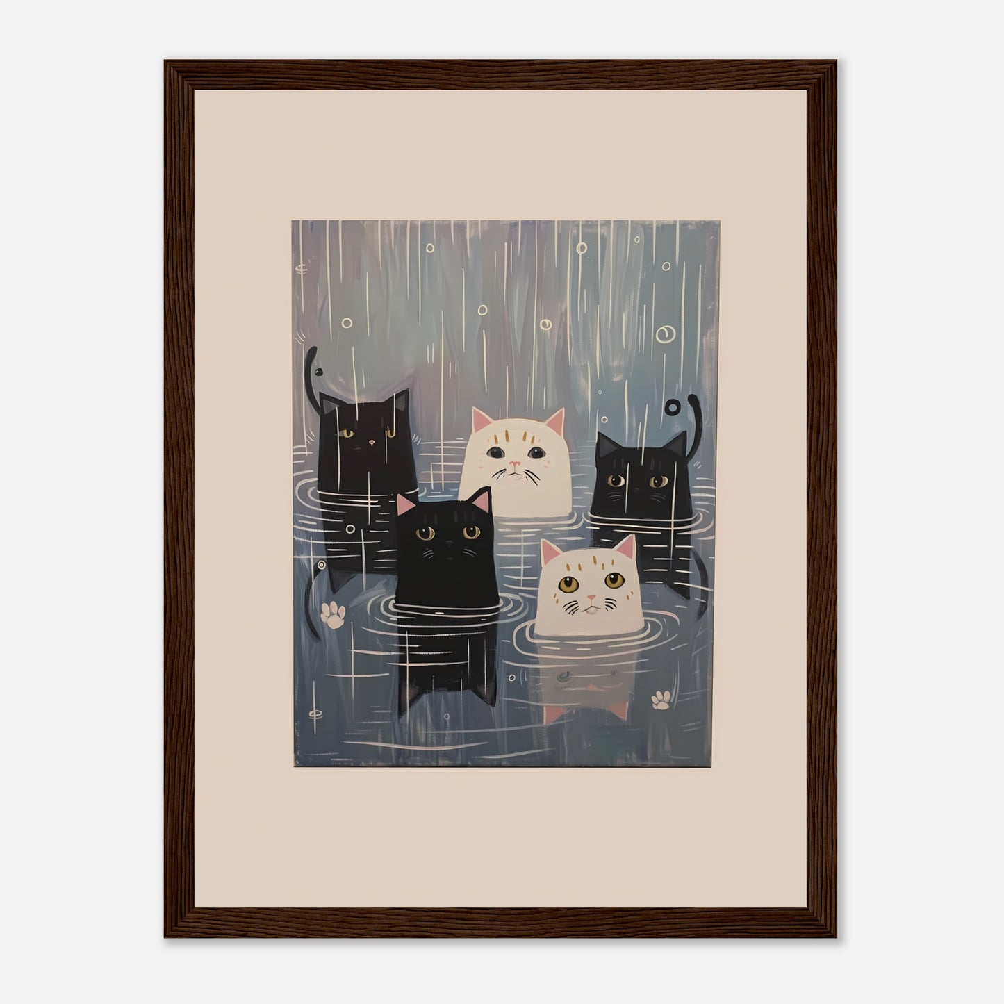 Illustration of four cartoon cats with different expressions standing in the rain, framed on a wall.