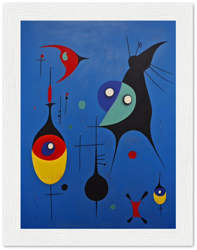 Abstract painting featuring colorful biomorphic shapes and lines on a blue background, framed in white.