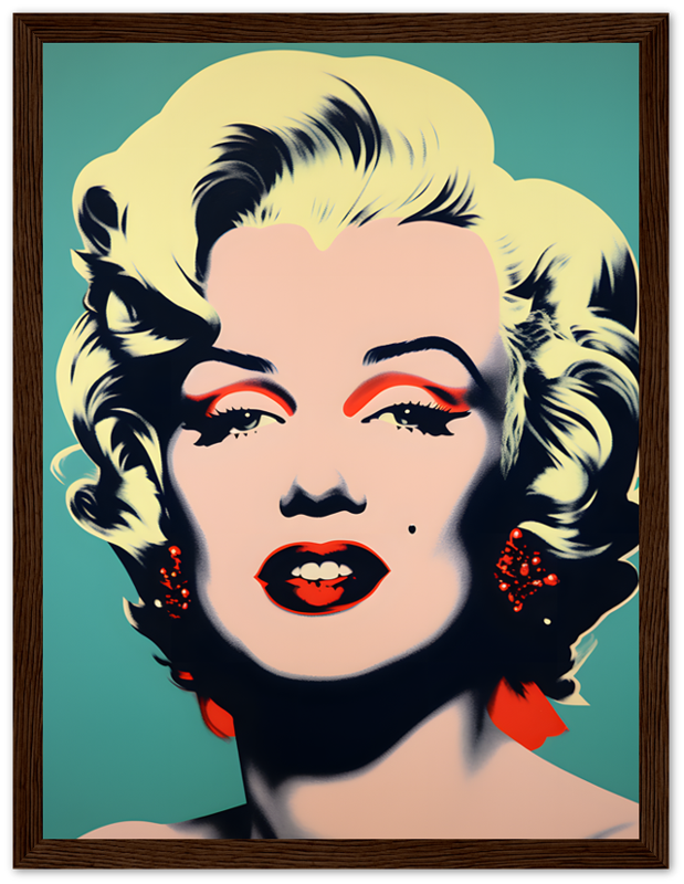 An iconic pop art style portrait of a blonde female celebrity with red lips and earrings.