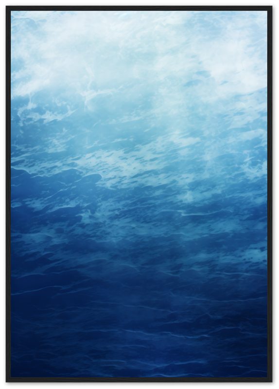 Painting of a tranquil blue ocean view with clouds, framed in dark wood.