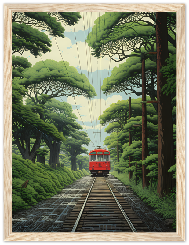 A framed digital illustration of a red tram on a tree-lined track.