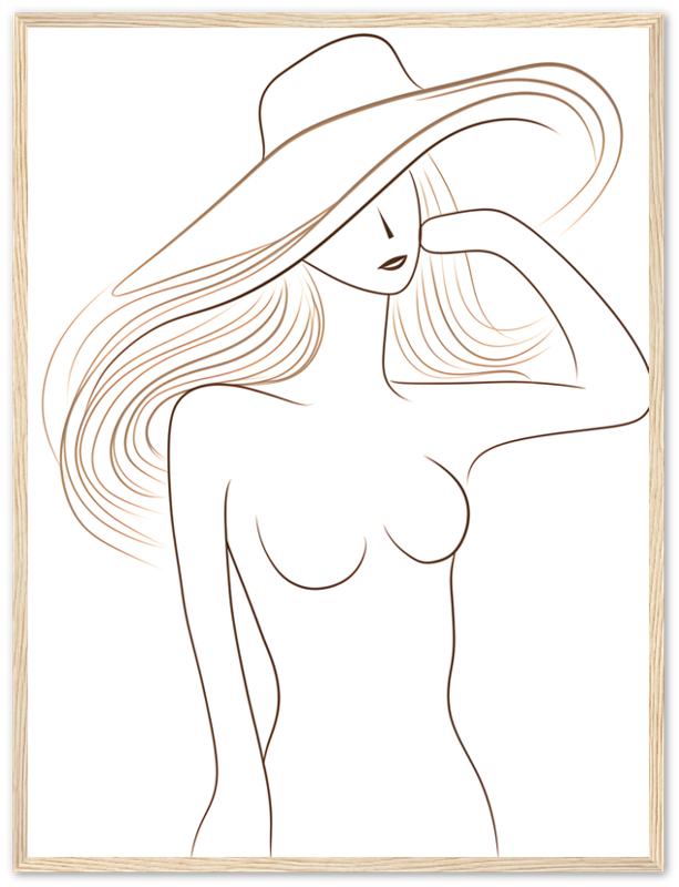 A stylized line drawing of a woman with a hat, framed as artwork.