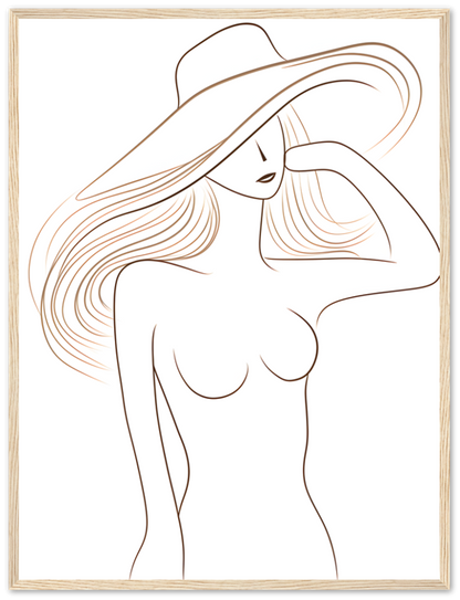 A stylized line drawing of a woman with a hat, framed as artwork.