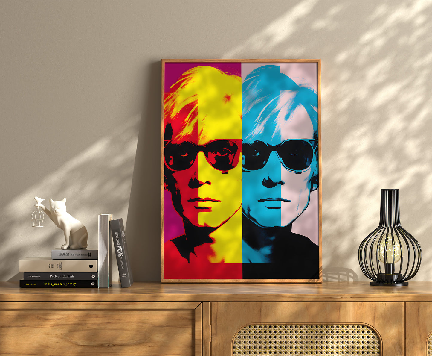 Pop art style portrait of a man with sunglasses on a wall, beside books and a vase.