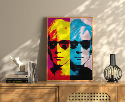 Pop art style portrait of a man with sunglasses on a wall, beside books and a vase.