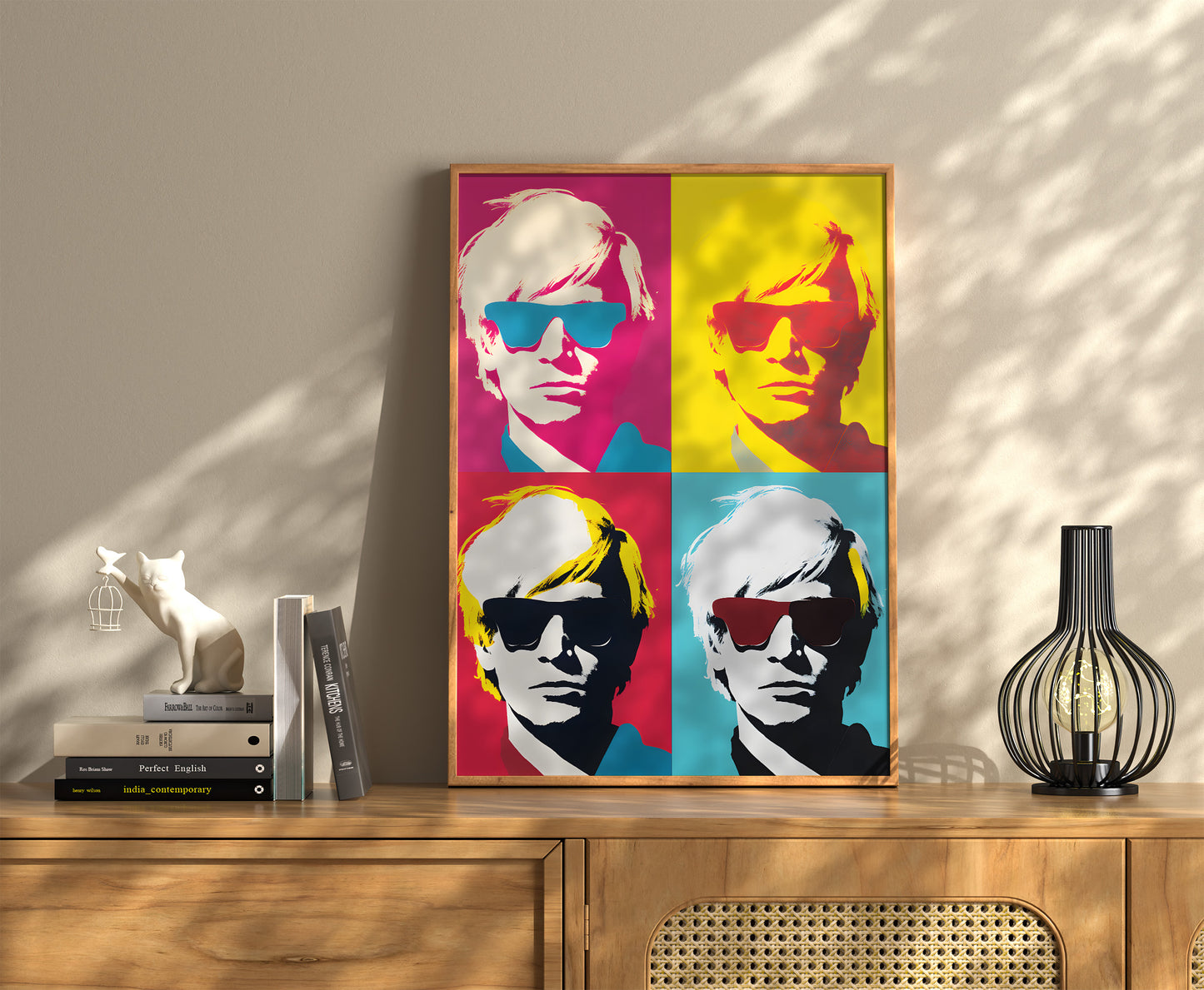 Pop art style portraits on a wall with books and a decorative vase on a sideboard.