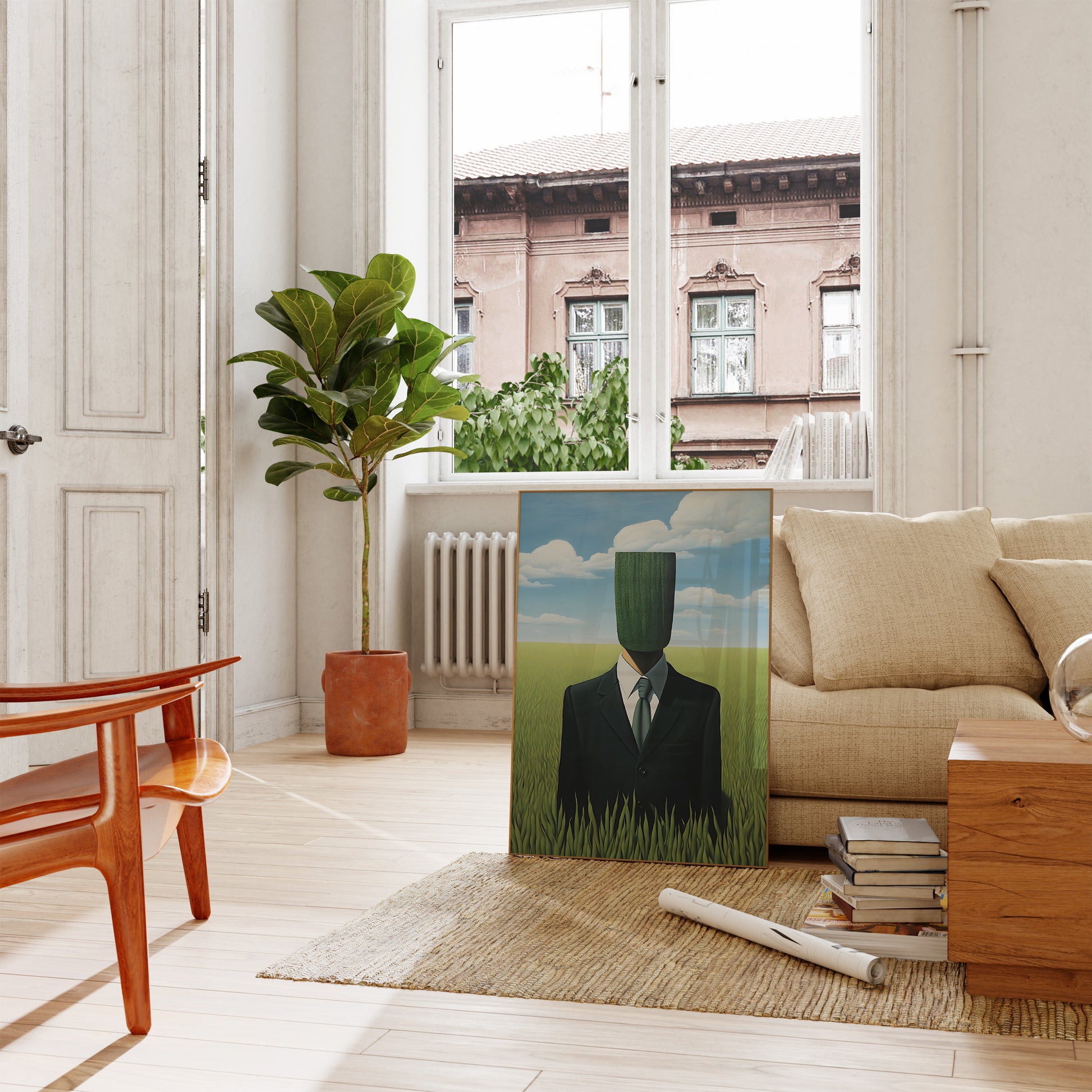 Modern living room with a sofa and an artwork of a man with a plant for a head.
