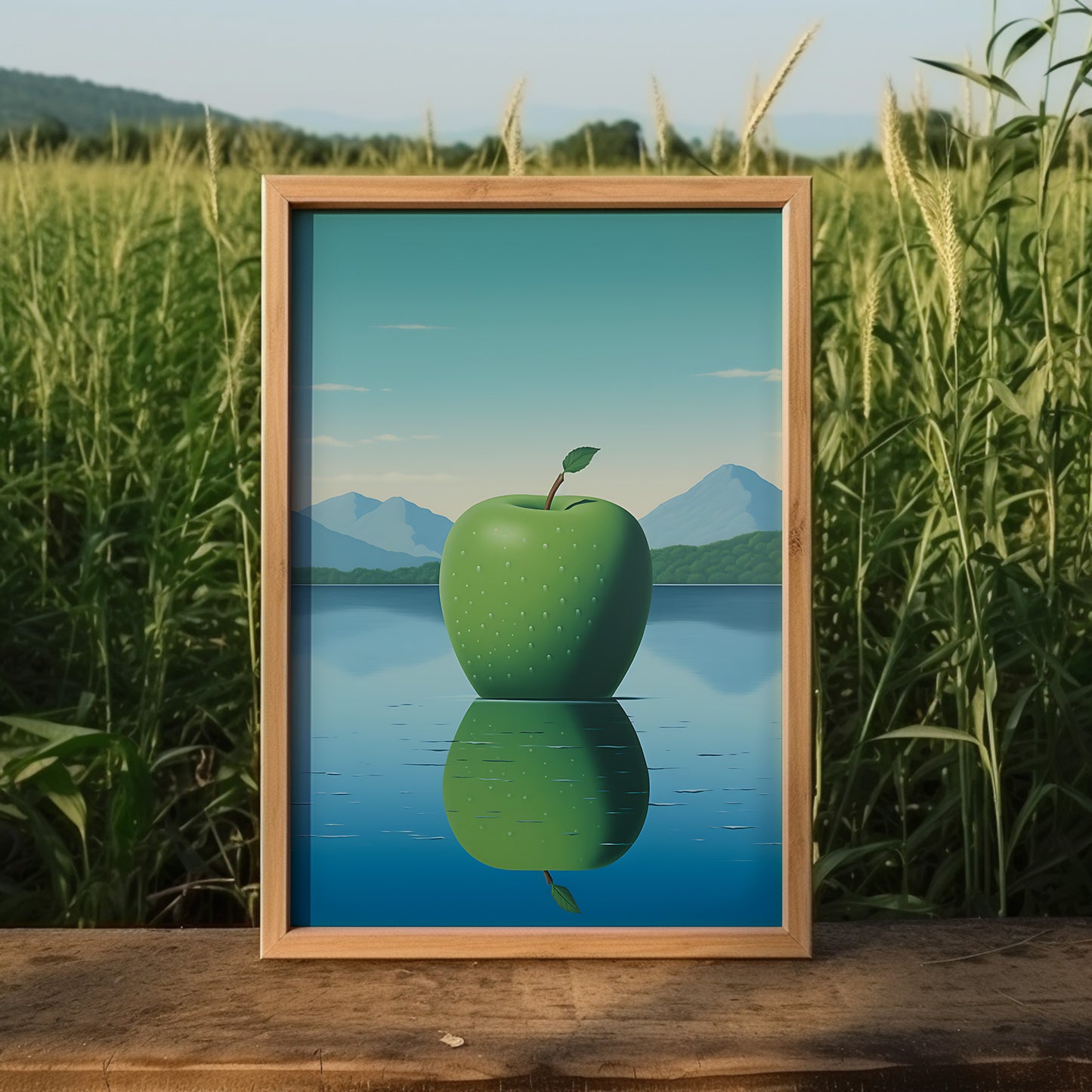 A framed image of a green apple with its reflection, set against a scenic lake and mountain backdrop.