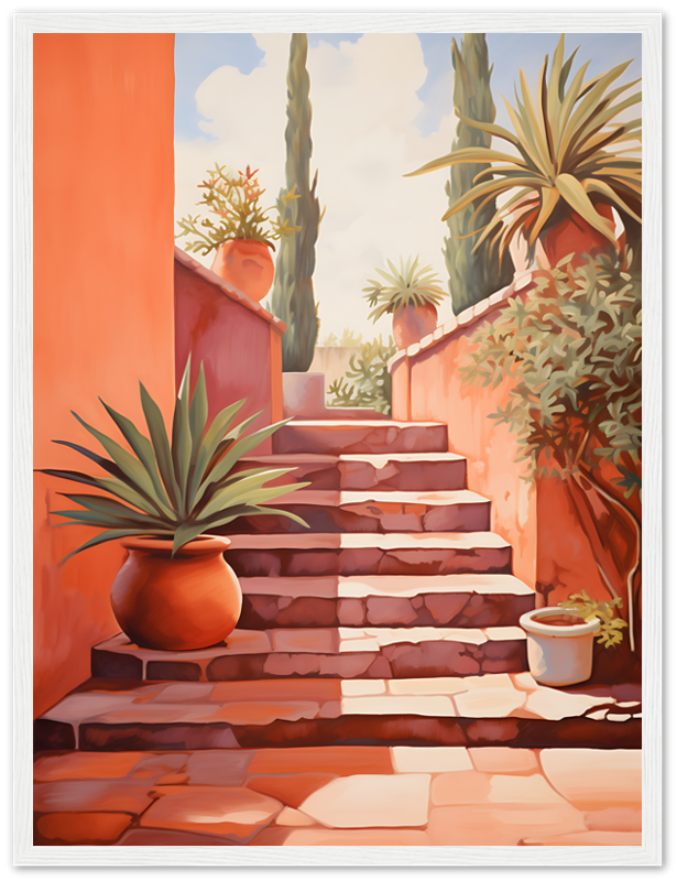 A vibrant painting of a sunlit stairway with plants in a Mediterranean-style setting.