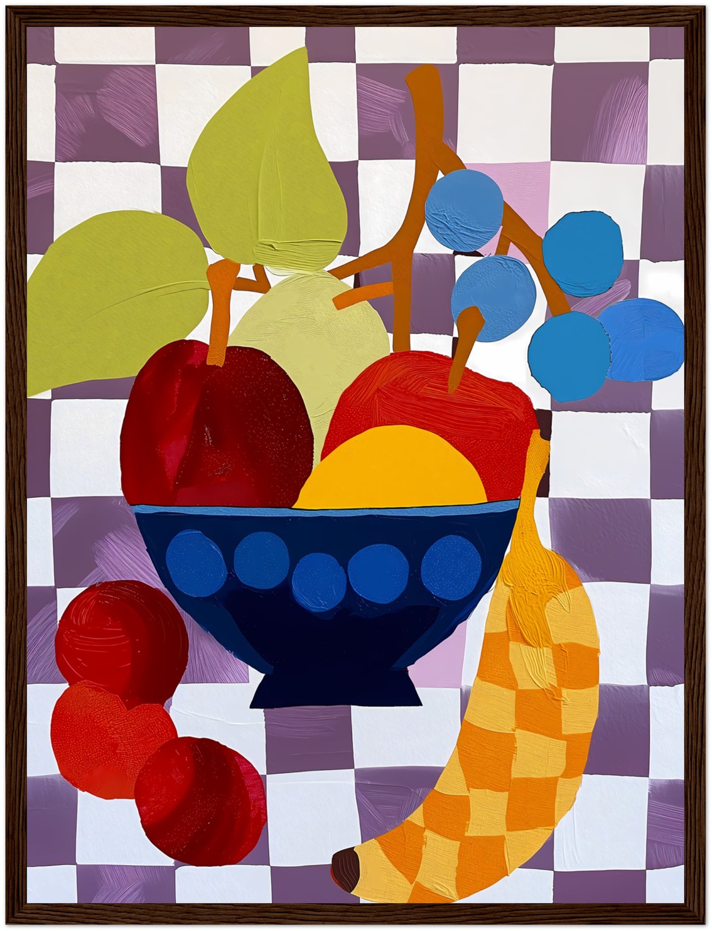 Abstract artwork of a fruit bowl with colorful, stylized shapes.