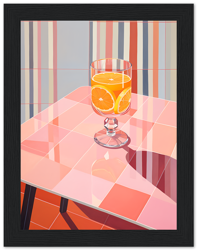 A stylized illustration of a glass of orange juice on a checkered pink table with striped wallpaper in the background.